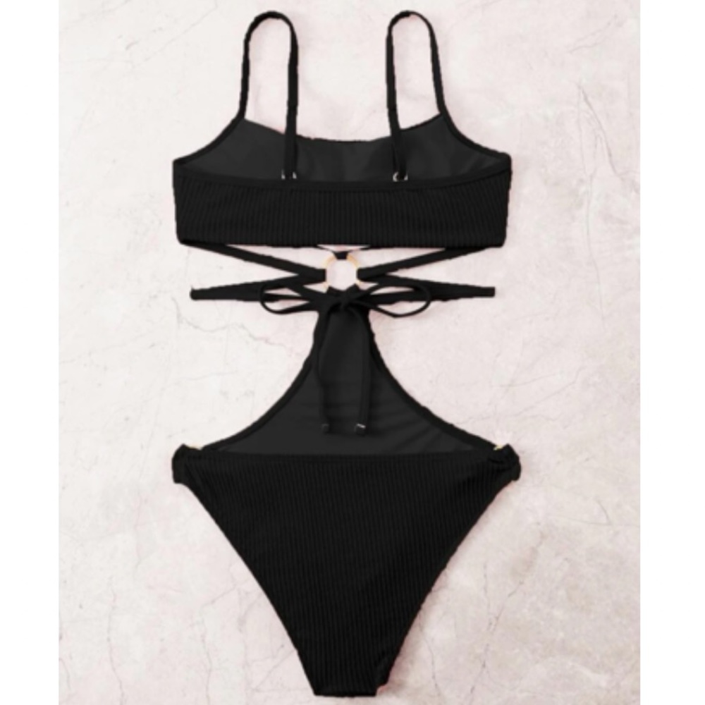 Boho black gold chain detail cutout monokini swimsuit - Picture 7 of 8